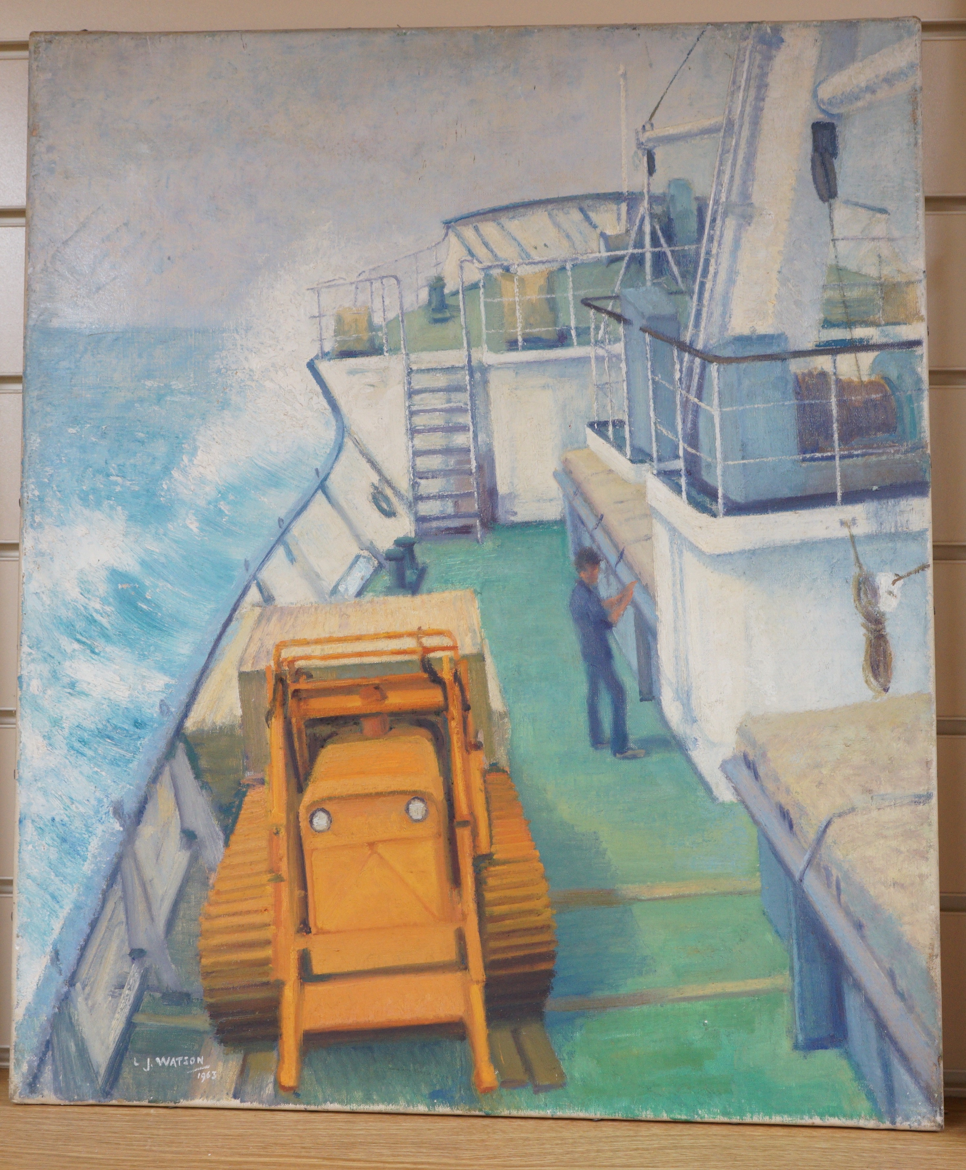 Leslie Joseph Watson (b.1906), Deck of a merchant ship, signed and dated 1963, 60 x 51cm, unframed